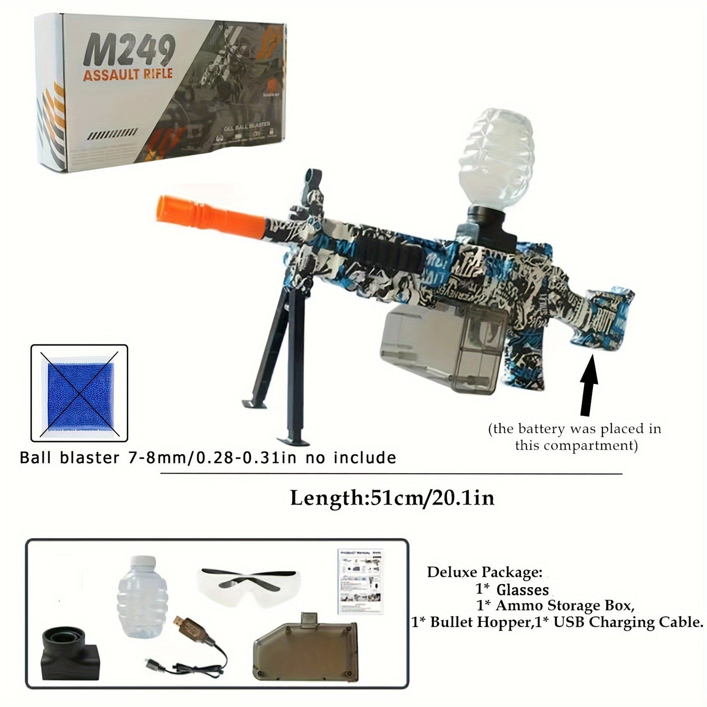 Mini M249 Gel Water Ball Blaster,for Outdoor Activities Game Party.2MODE:Hand Movement And Electric Full Auto